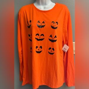 Halloween long sleeve tee 2XL orange top black pumpkin faces pp 23” L 28”